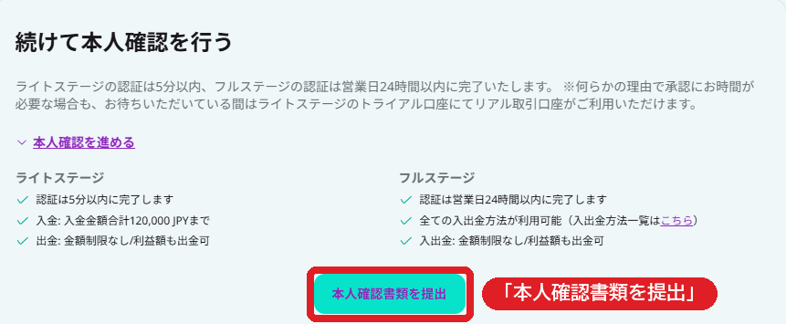 続けて本人確認を行う。本人確認書類を提出のボタン