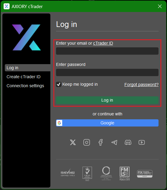 cTraderのログイン画面。メールアドレスまたはcTrader IDとパスワードを入れてLog in