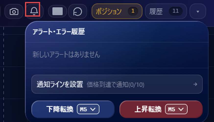 ベルを押すと開く「アラート・エラー履歴」