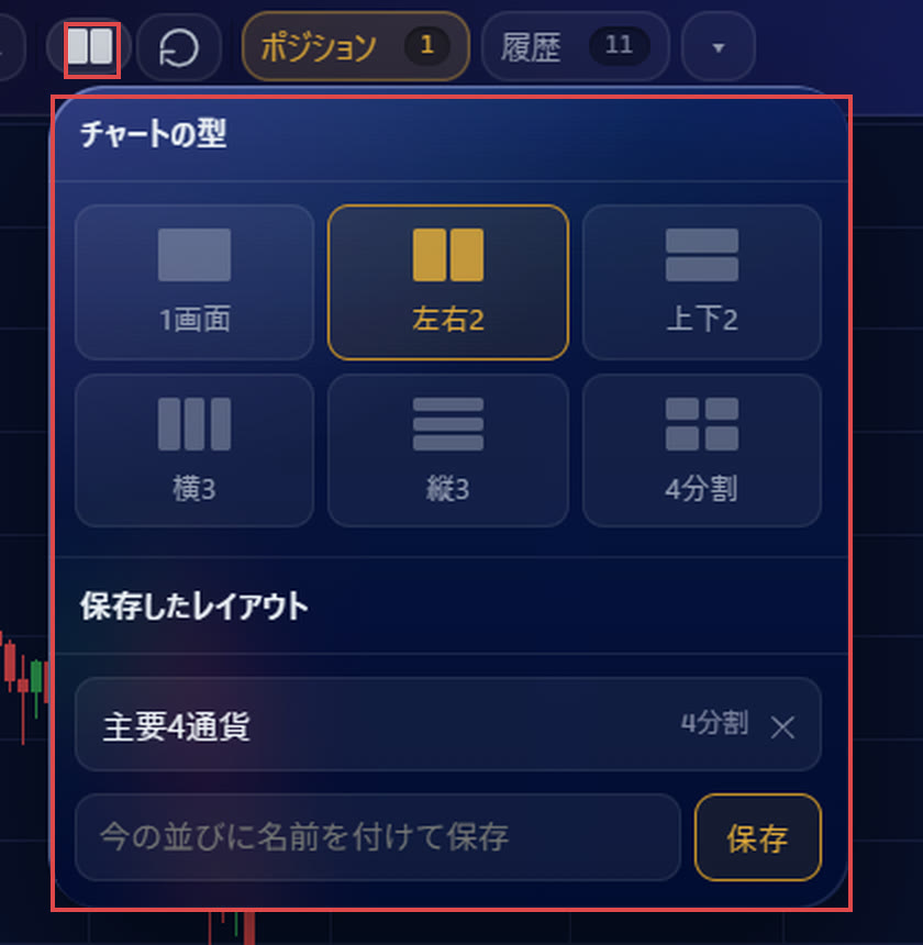 チャートの型を選ぶ画面。1画面・左右2・上下2・横3・縦3・4分割