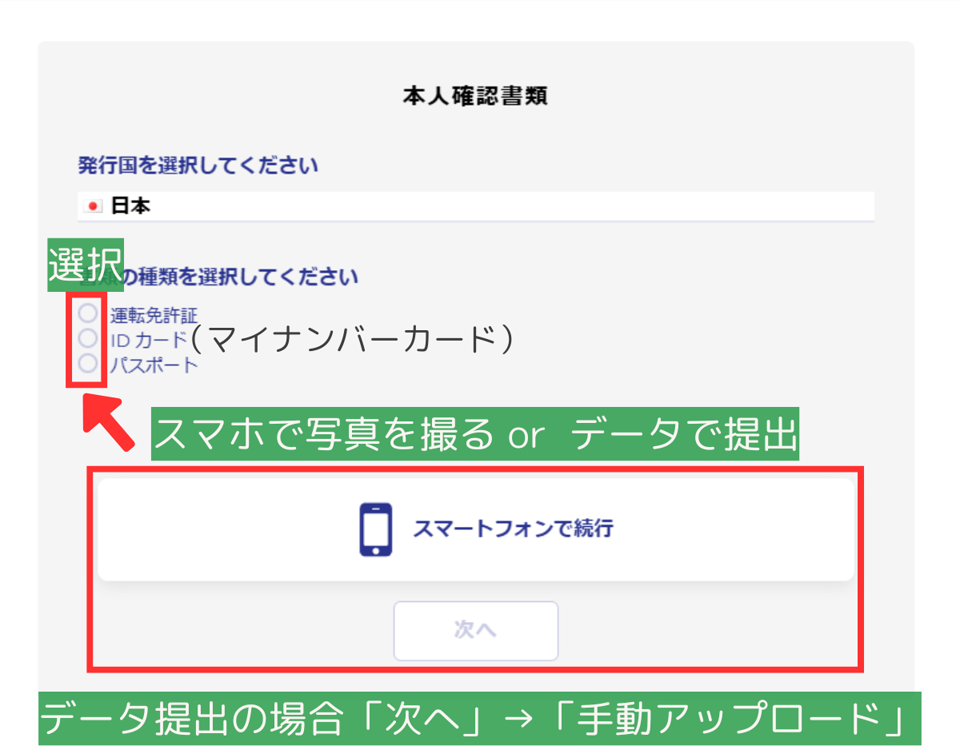 本人確認書類の提出画面