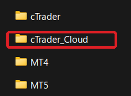 解凍後のフォルダ cTrader / cTrader_cloud / MT4 / MT5(cTrader_cloudのフォルダを使う)